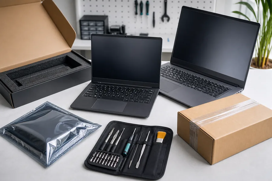 Refurbished laptops and shipping packaging prepared for dispatch