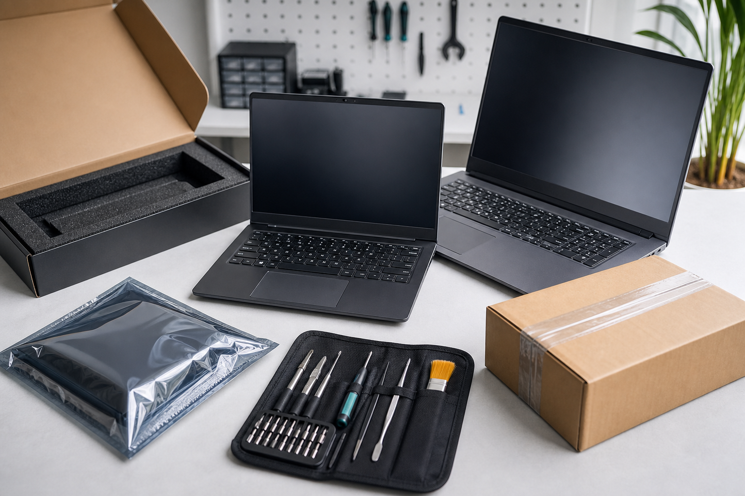 Refurbished laptops being prepared with shipping packaging