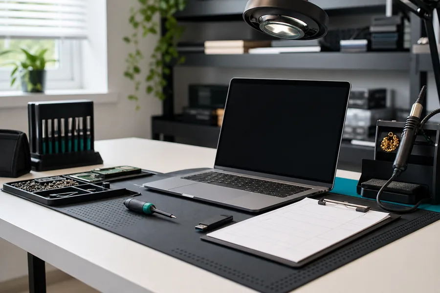 Clean laptop repair workshop bench with diagnostic tools